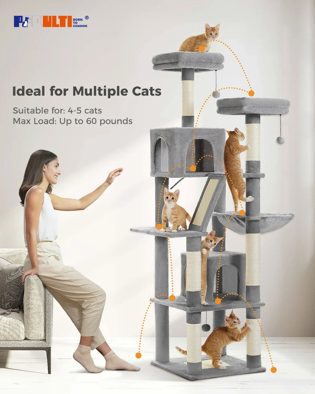 Large Cat Tree for Indoor Tall Tower for Cat Multi-Level Plush with Natural Sisal Scratching Post Condos Perches Hammock