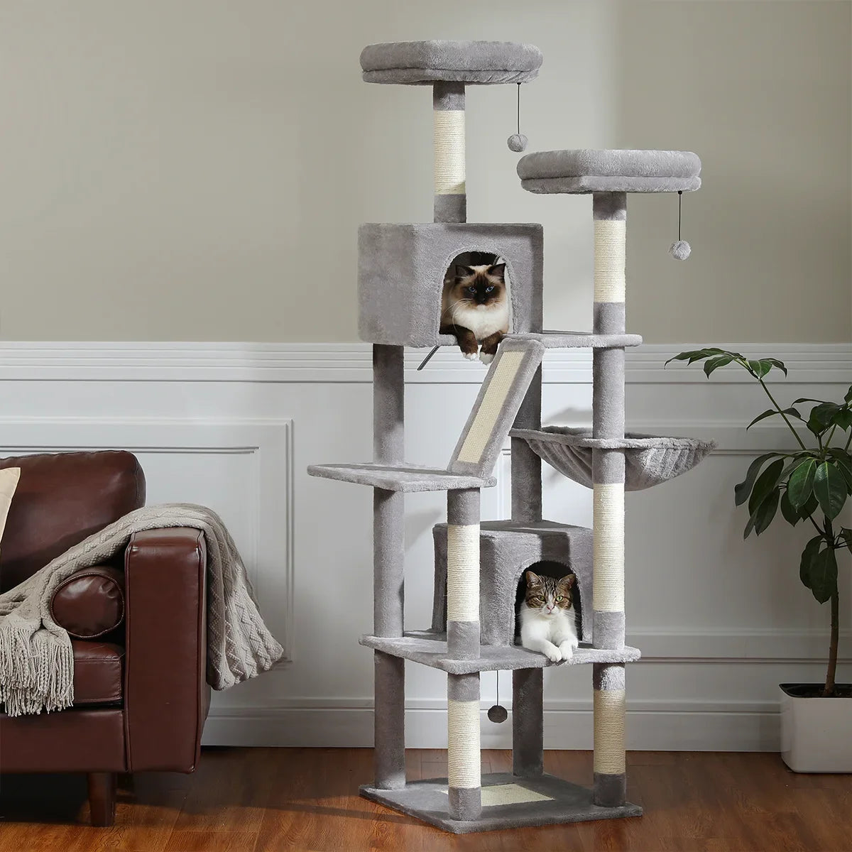 Large Cat Tree for Indoor Tall Tower for Cat Multi-Level Plush with Natural Sisal Scratching Post Condos Perches Hammock