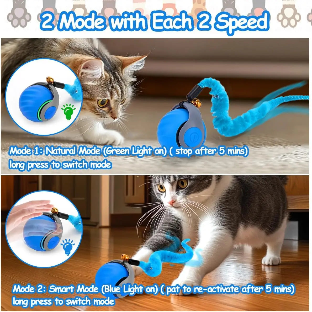 Interactive Cat Toy Ball, Speedy Tail 2.0 Cat Toy, Automatic Moving Cat Toys for Indoor Cats, with Feather Tails, Keep Them Busy