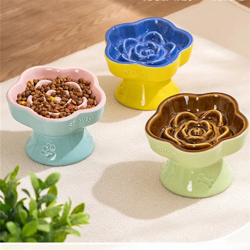 High Foot Cat Ceramic Slow Food Bowl Pet Drinking Eating Feeders Small Puppy Dogs Snack Water Bowls Cats Feeding Accessories