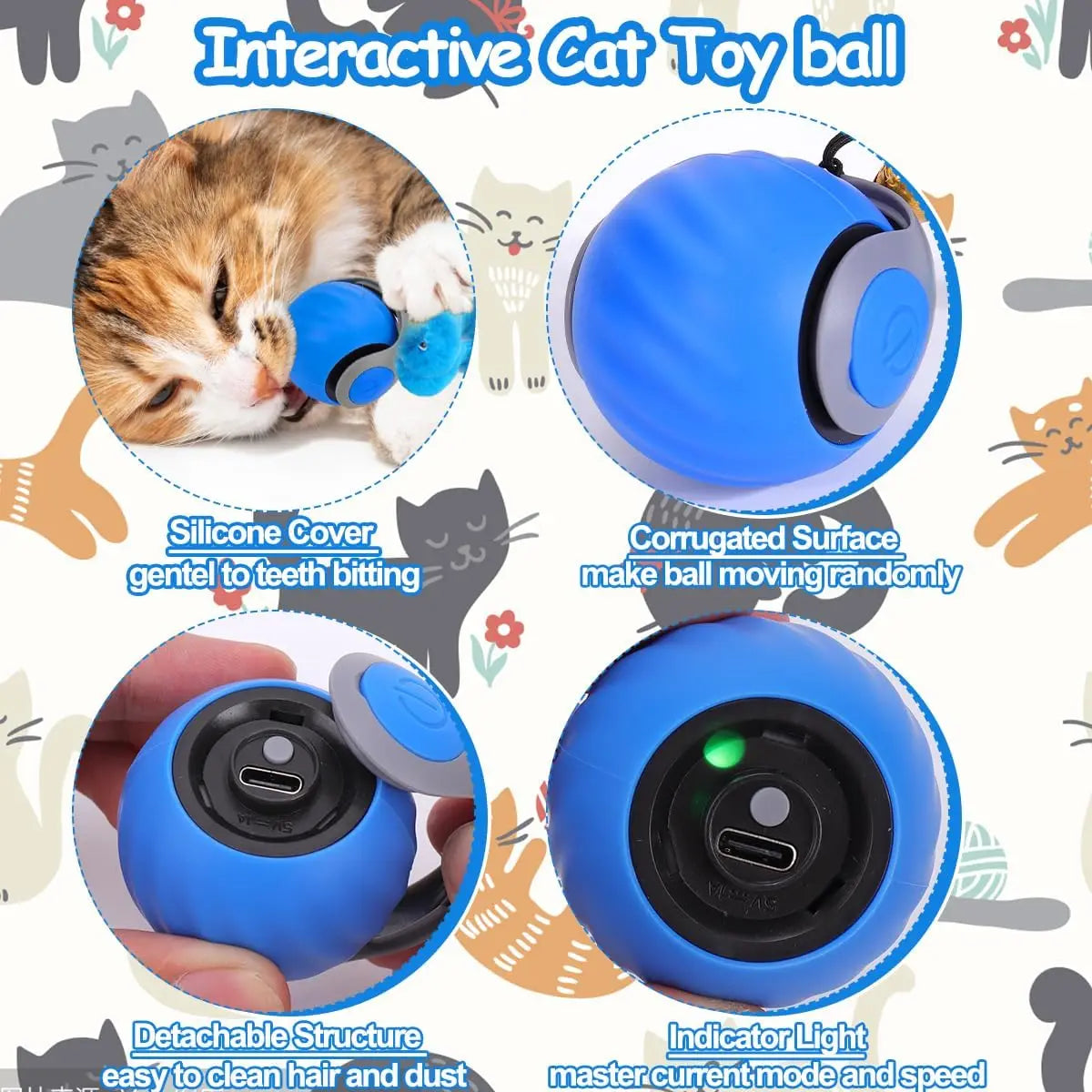 Interactive Cat Toy Ball, Speedy Tail 2.0 Cat Toy, Automatic Moving Cat Toys for Indoor Cats, with Feather Tails, Keep Them Busy