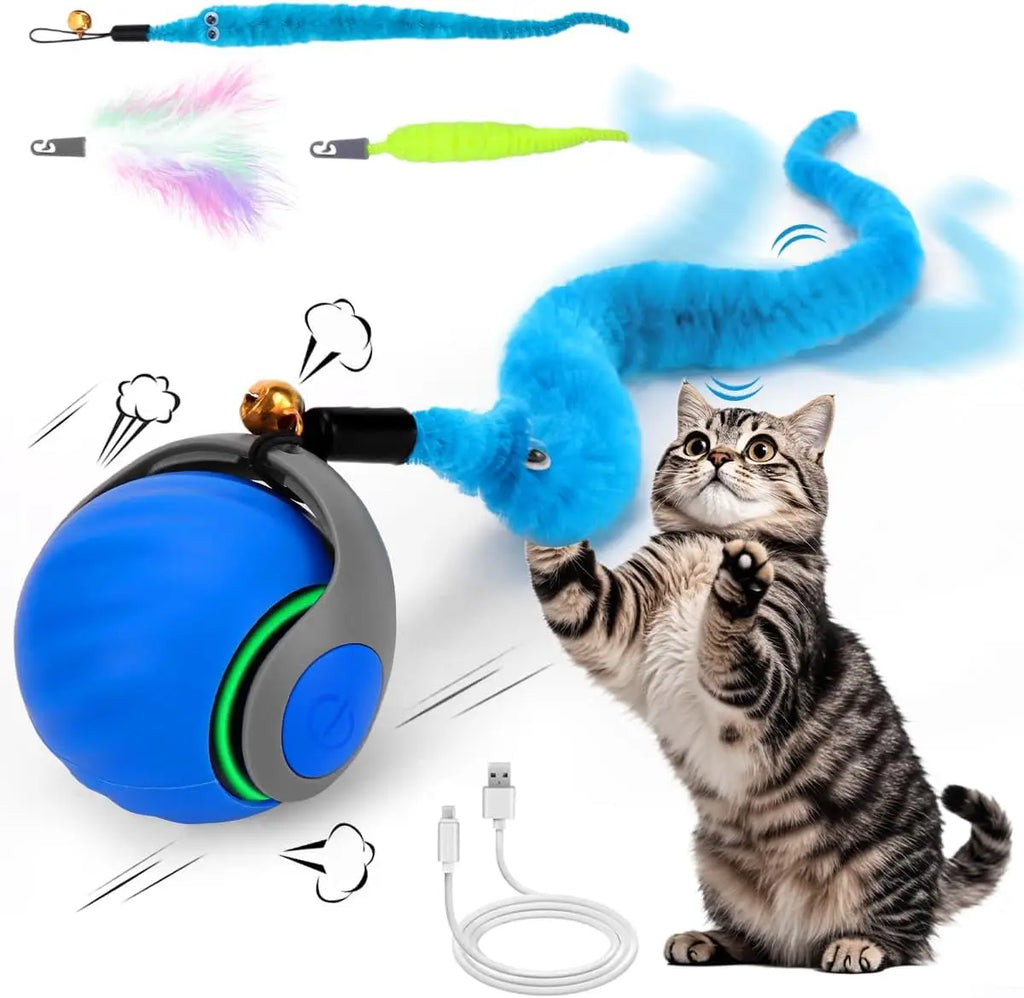 Interactive Cat Toy Ball, Speedy Tail 2.0 Cat Toy, Automatic Moving Cat Toys for Indoor Cats, with Feather Tails, Keep Them Busy