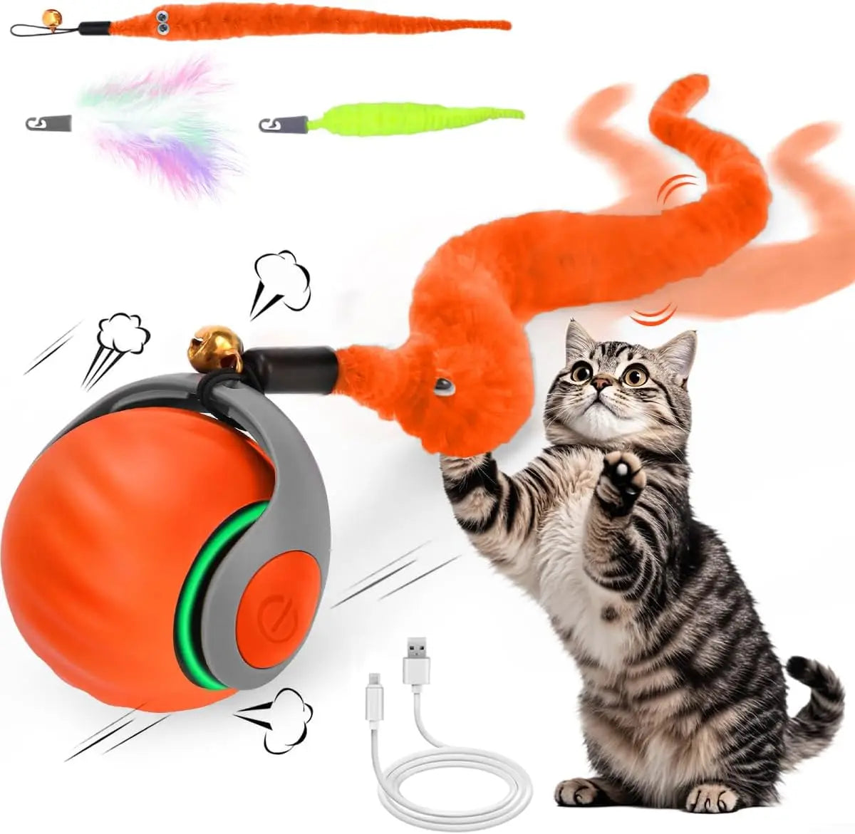 Interactive Cat Toy Ball, Speedy Tail 2.0 Cat Toy, Automatic Moving Cat Toys for Indoor Cats, with Feather Tails, Keep Them Busy