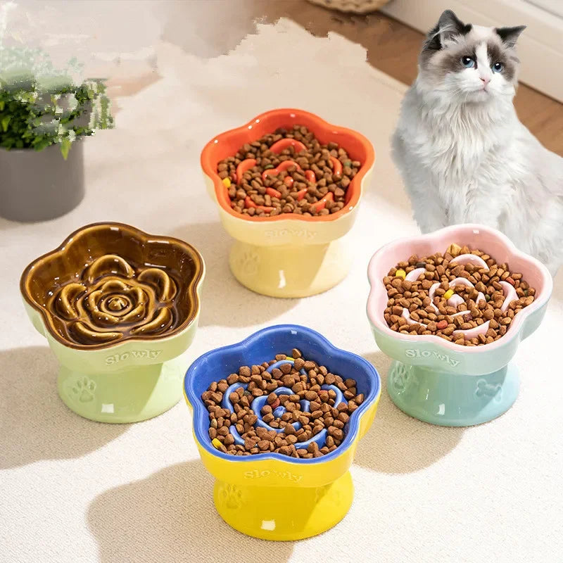 High Foot Cat Ceramic Slow Food Bowl Pet Drinking Eating Feeders Small Puppy Dogs Snack Water Bowls Cats Feeding Accessories