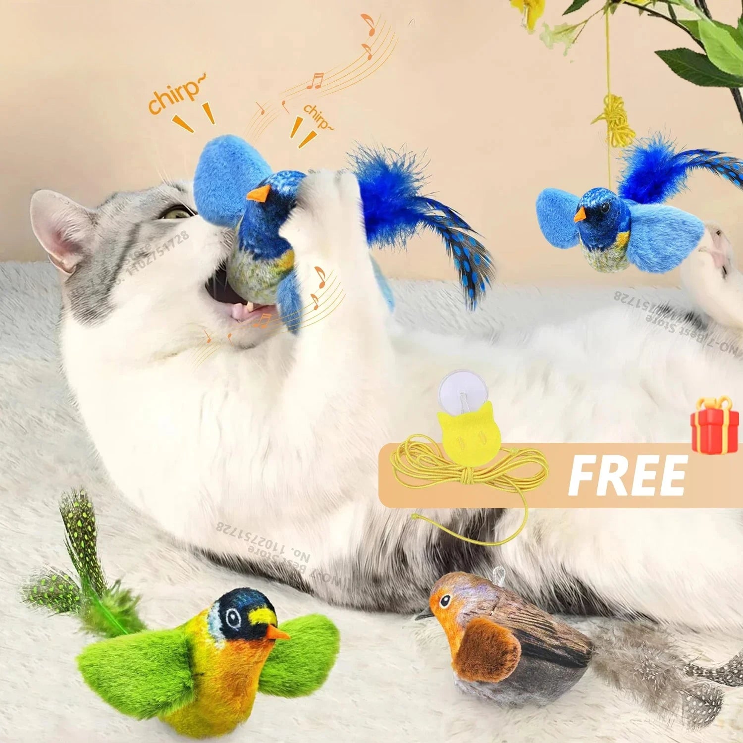Indoor Interactive Birds Toy for Cat Chasing Teasing Toy Sounding Catnip Cat Teaser Toy Self-hilarity Wall Hanging Birds Cat Toy