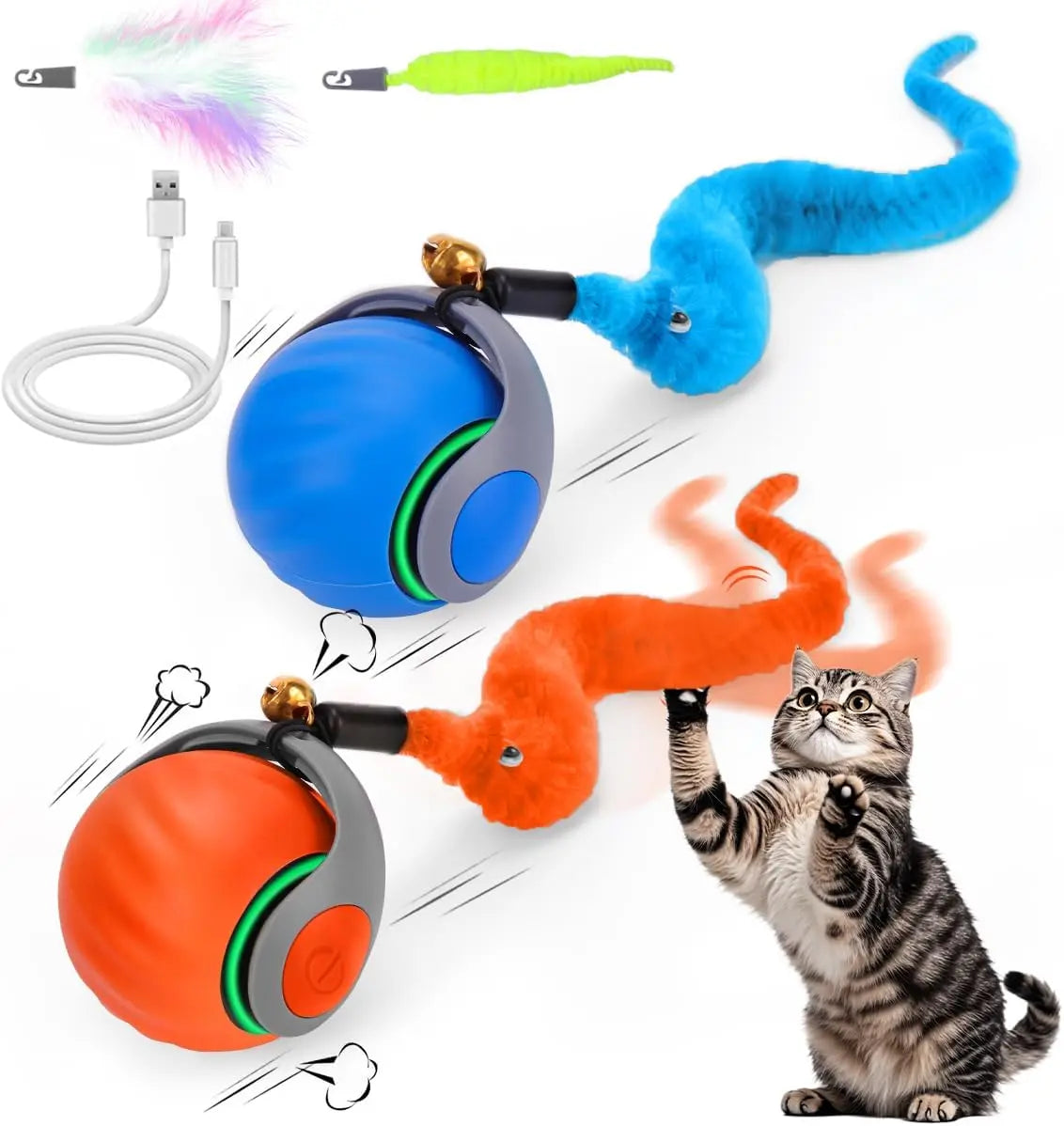 Interactive Cat Toy Ball, Speedy Tail 2.0 Cat Toy, Automatic Moving Cat Toys for Indoor Cats, with Feather Tails, Keep Them Busy