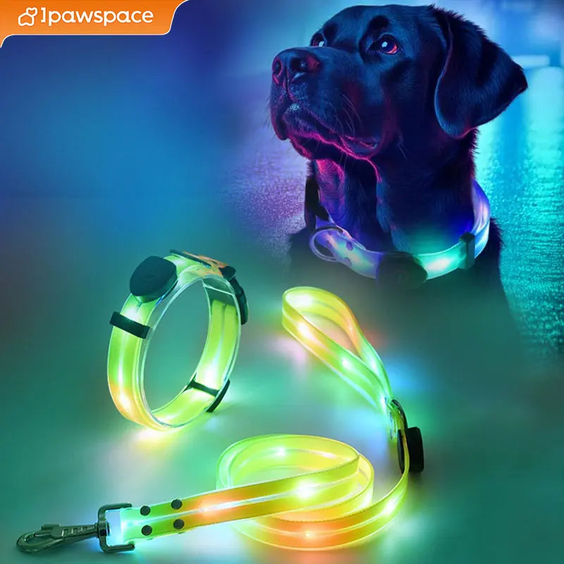 LED Light Up Dog Collar and Leash Walking Safety Glow in The Dark, Three Lighting Modes, USB Rechargeable Dog Colorful LED Leash