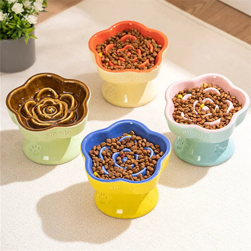High Foot Cat Ceramic Slow Food Bowl Pet Drinking Eating Feeders Small Puppy Dogs Snack Water Bowls Cats Feeding Accessories